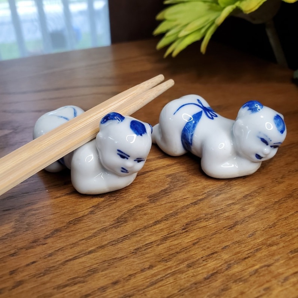 Asian Babies Chopstick Holders Curio Decor, Figurines, Dining & Serving Set of 2
